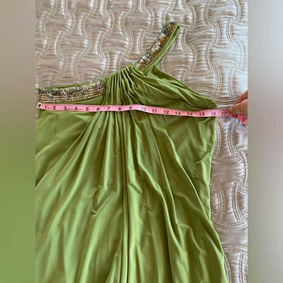 BCBG MaxAzria mini dress one shoulder, olive sz4 gold/silver embellishedLike new - Picture 6 of 12